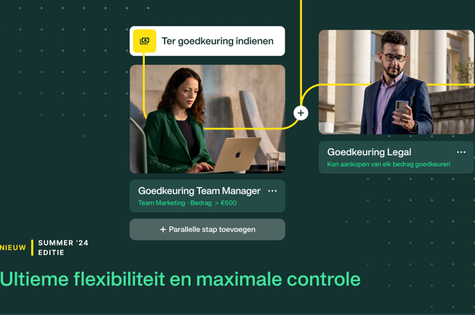 Afbeelding met twee medewerkers die uitgaven goedkeuren, die illustreert hoe de workflow designer werkt. 